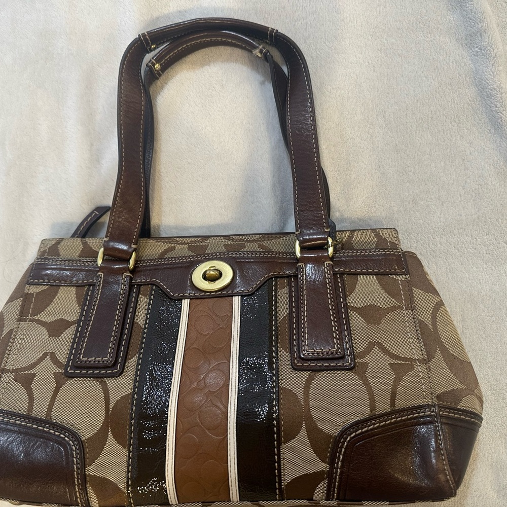 Brown Signature Pattern Tote Bag with Leather Trim